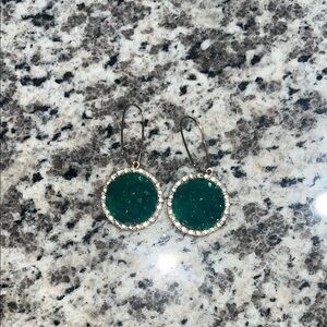 Green Quartz-Like Circle With Surrounding Gems Earrings with Gold-Color Metal